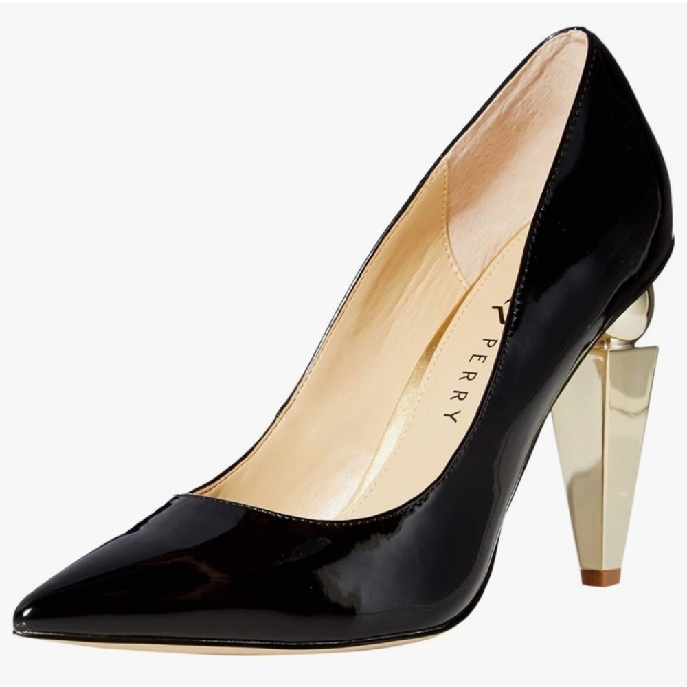 Katy Perry Black and Gold Heels with Unique Design